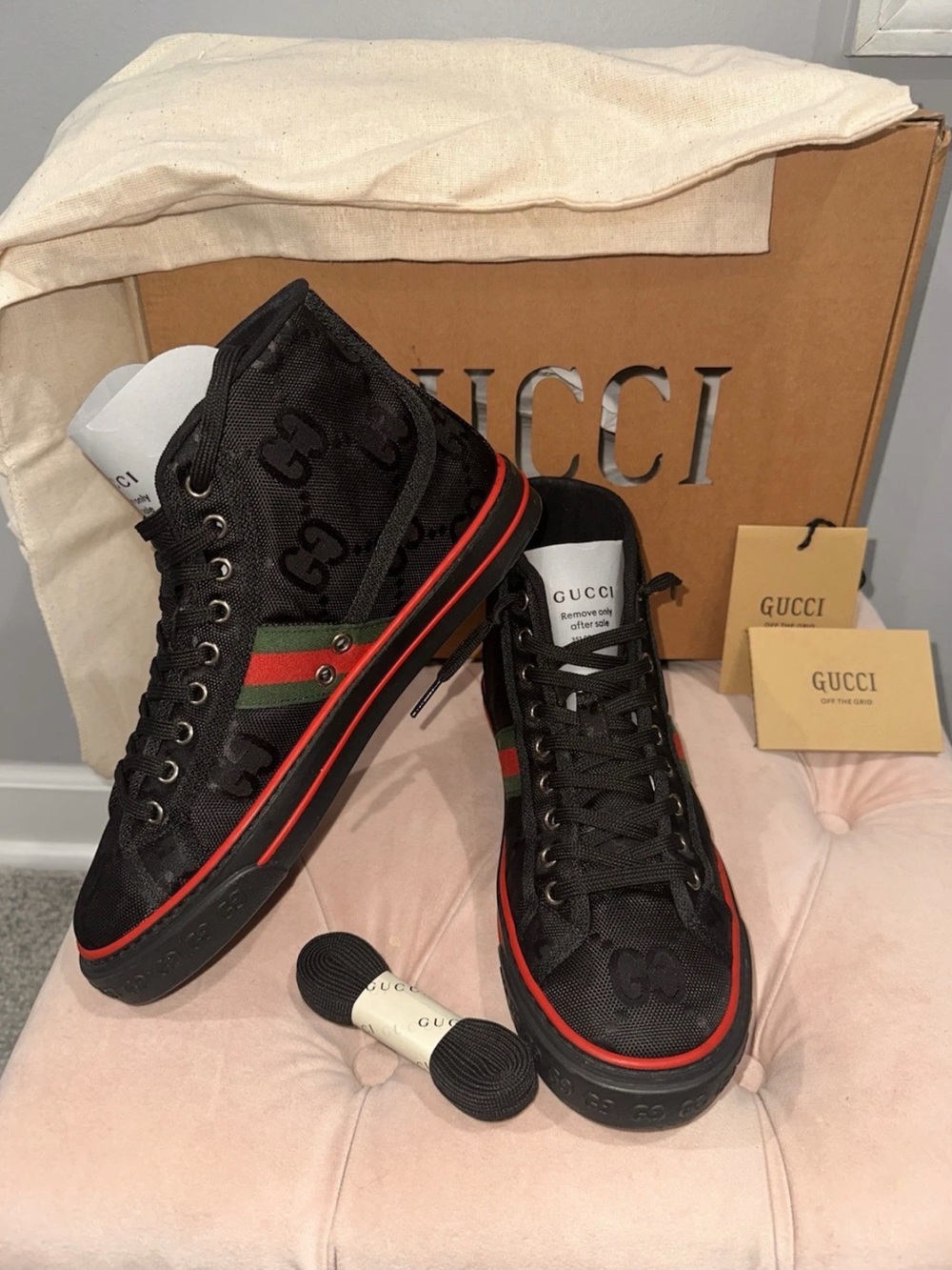 Gucci Black High-Top Sneakers with Red and Green Web Stripe